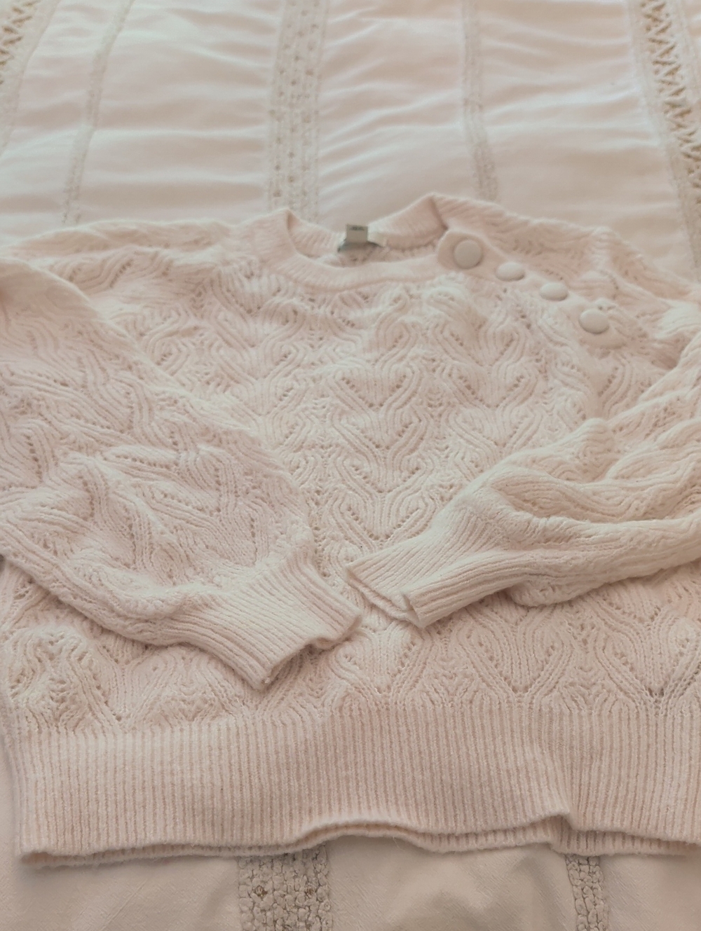 RW&CO. Pale Pink Cable-Knit Button-Shoulder Sweater